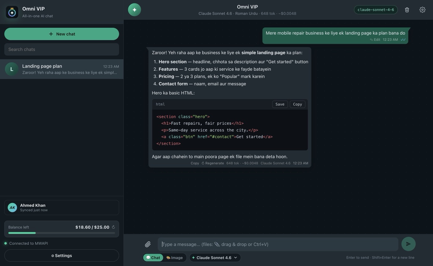 Omni VIP on Windows: chat list, model picker and a conversation